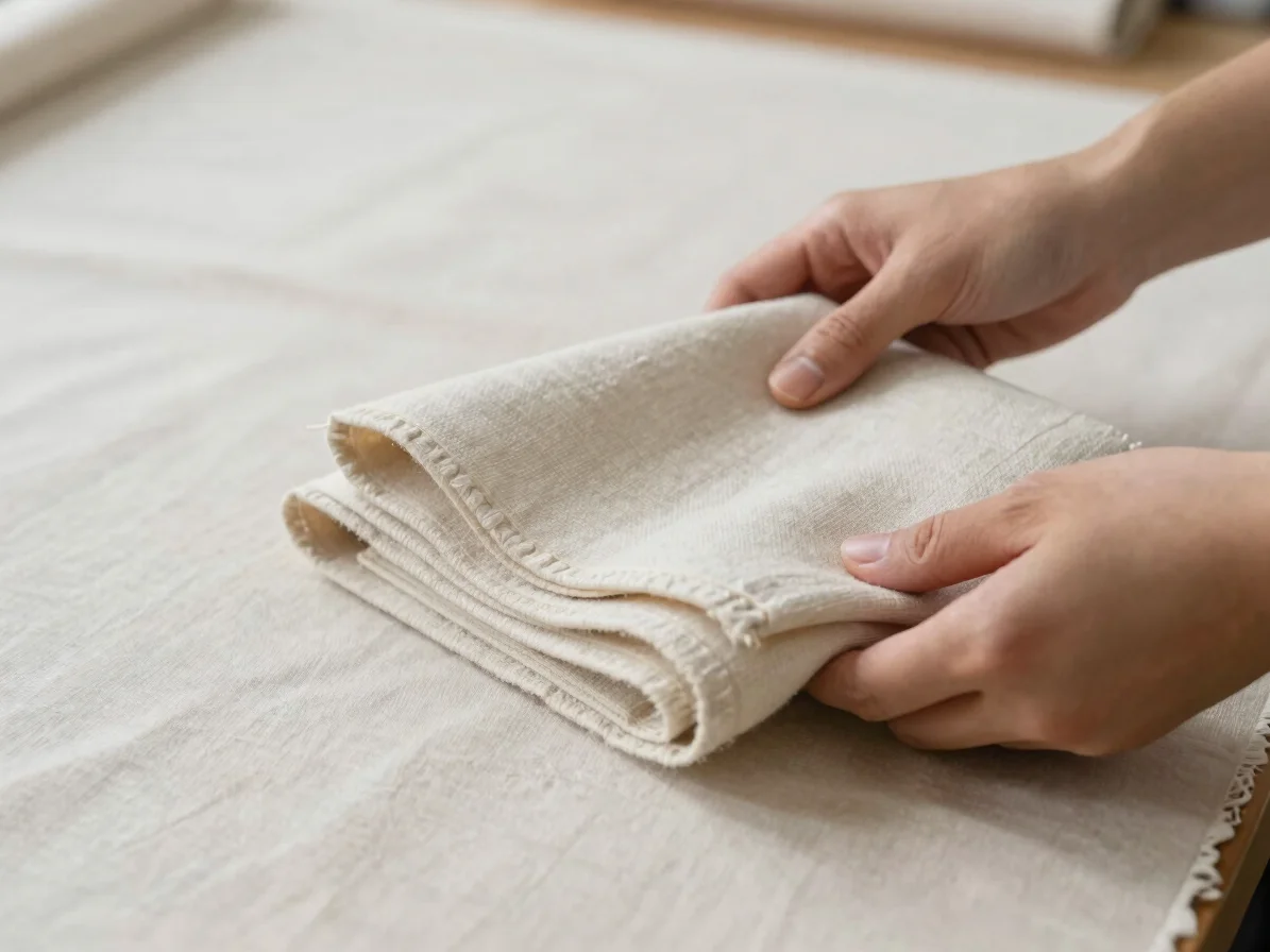 Hands handling a folded finished textile article on a neutral worktable, soft diffused daylight, honest color, tactile d