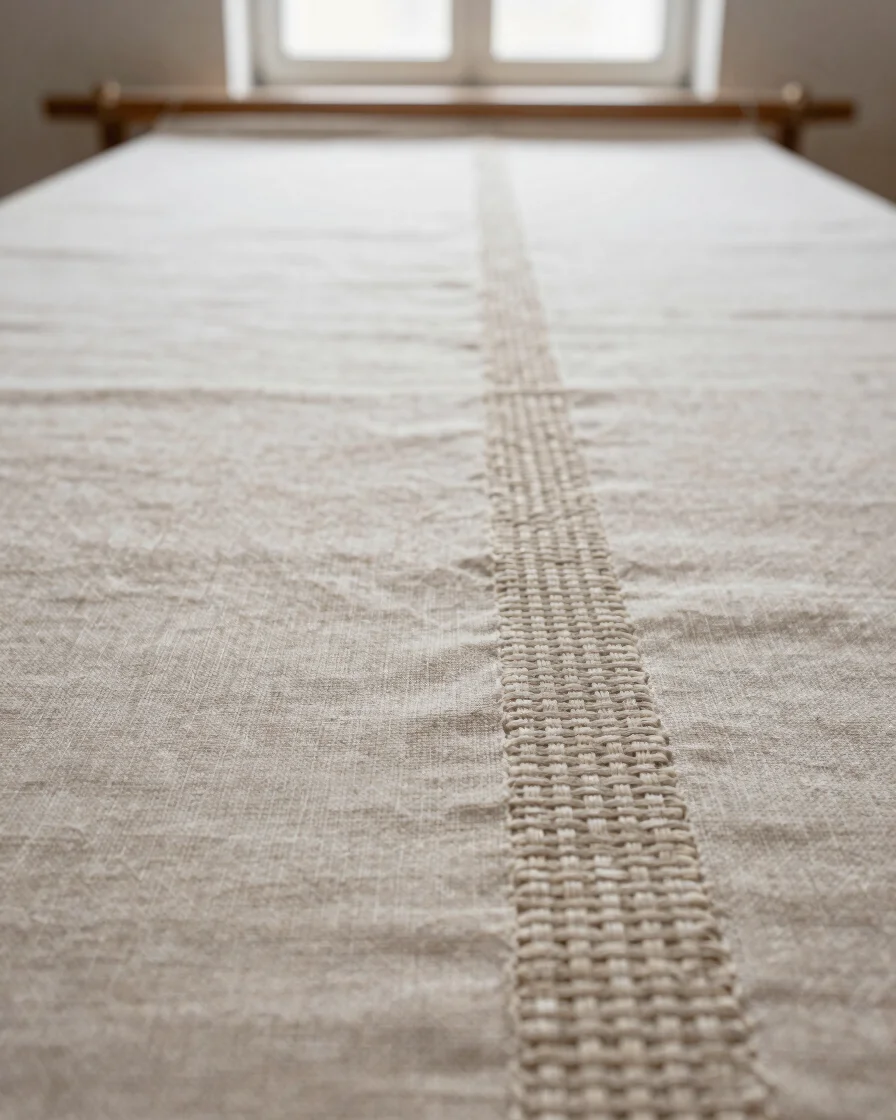 Wide editorial close-up of a finished woven textile edge on a warm unbleached linen surface, soft diffused daylight from